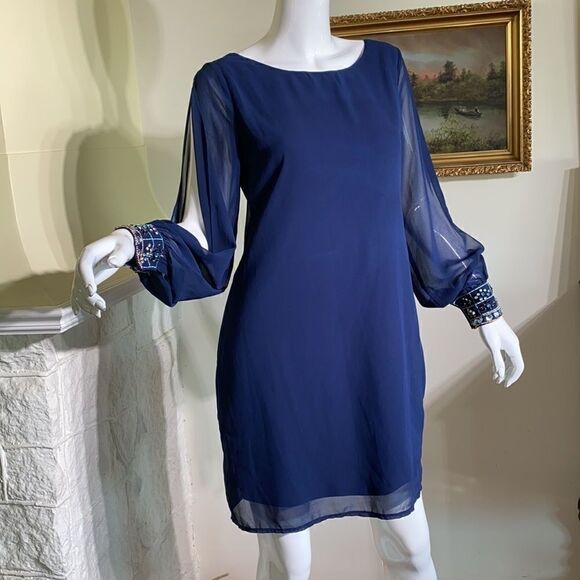 Brigitte Bailey Blue Chiffon Slit Sleeve Rhinestone Cuff Mini Cocktail Dress - Picture 4 of 10